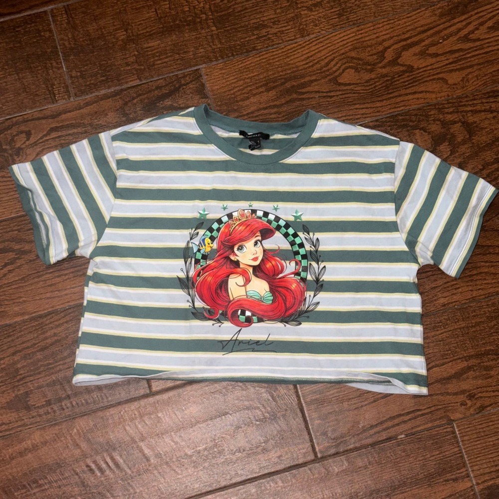 Forever 21 Disney Ariel The Little Mermaid Striped Cropped T-Shirt Green Medium